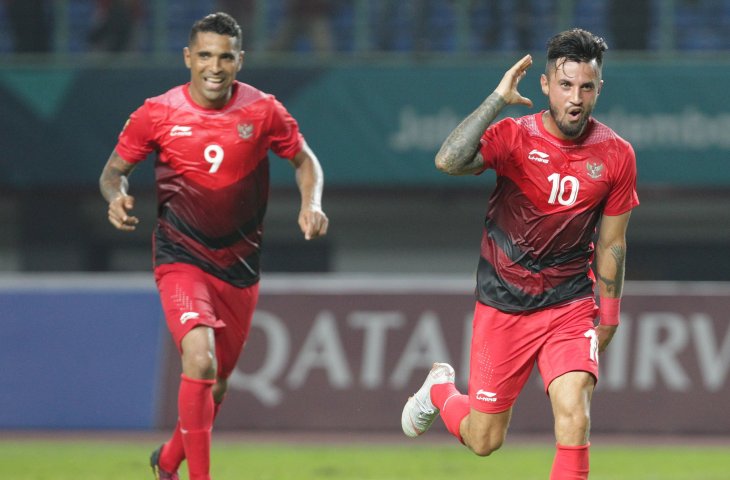 Selebrasi pemain timnas Indonesia U-23 dalam pertandingan Grup A Asian Games ke-18 antara Taiwan Vs Indonesia di Stadion Patriot Chandrabhaga, Minggu (12/8). (INASGOC/Jessica Margaretha)