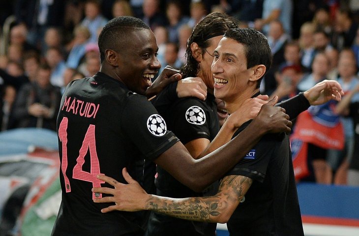 Pemain Paris Saint Germain, Angel di Maria merayakan gol ke gawang Malmo pada Liga Champions 2015/2016 (AFP)