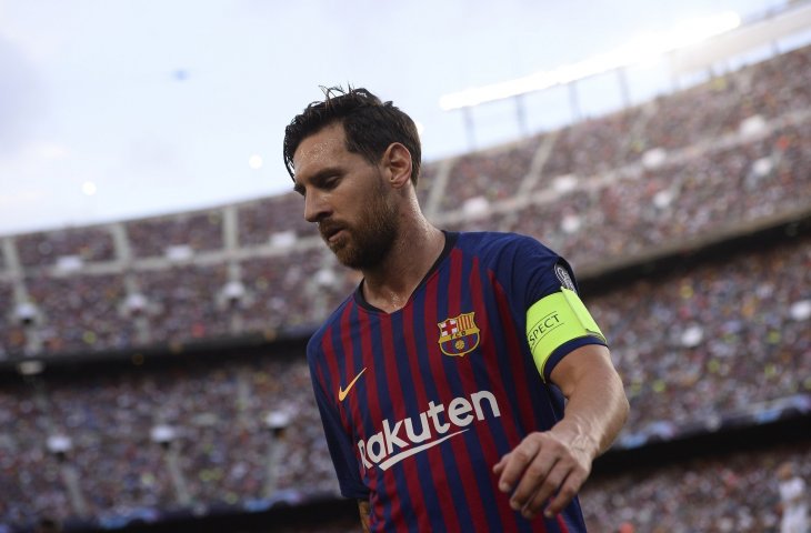 Pemain Barcelona Lionel Messi saat melawan PSV Eindhoven di Stadion Camp Nou, Spanyol, Selasa (18/9/2018) (AFP)