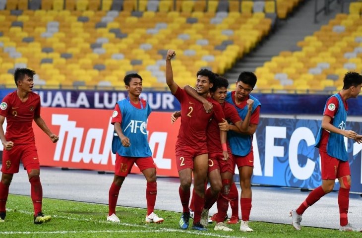 Para pemain Timnas Indonesia U-16 merayakan gol Bagas Kaffa ke gawang Iran (Sumber: PSSI)