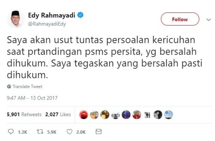 Cuitan Edy Rahmayadi terkait kasus kematian suporter Persita Tangerang, Banu Rusman (twitter/rahmayadiedy)