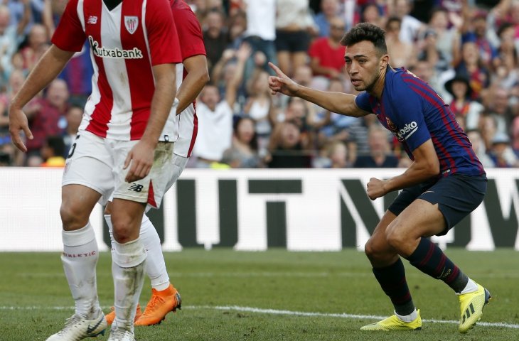 Pemain Barcelona, Munir El Haddadi (kanan) merayakan gol ke gawang Athletic Bilbao di Stadion Camp Nou (AFP)