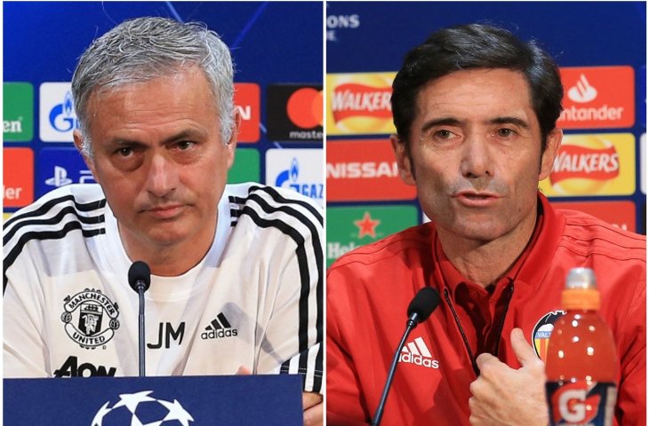 Pelatih Manchester United, Jose Mourinho dan Pelatih Valencia, Marcelino Garcia Toral (AFP)