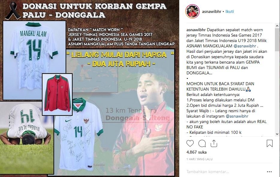 Asnawi Mangkualam Bahar lelang jersey dan jaket Timnas Indonesia (@asnawibhr/Instagram)