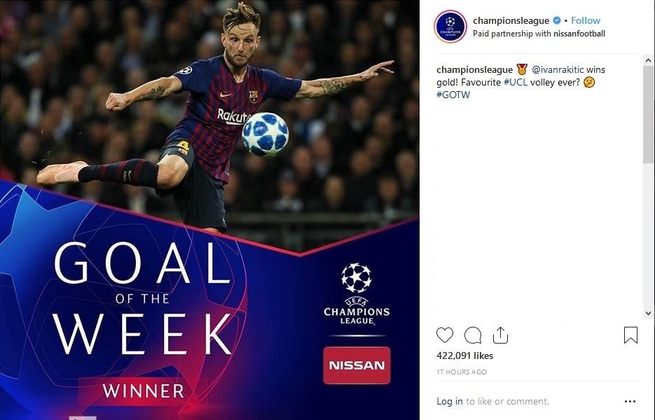 Ivan Rakitic memengkan predikat goal of the week (Sumber: @championsleague/Instagram)