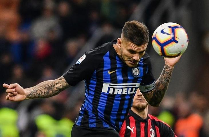 Mauro Icardi saat mencetak gol ke gawang AC Milan. (Marceo Bartorello/AFP)