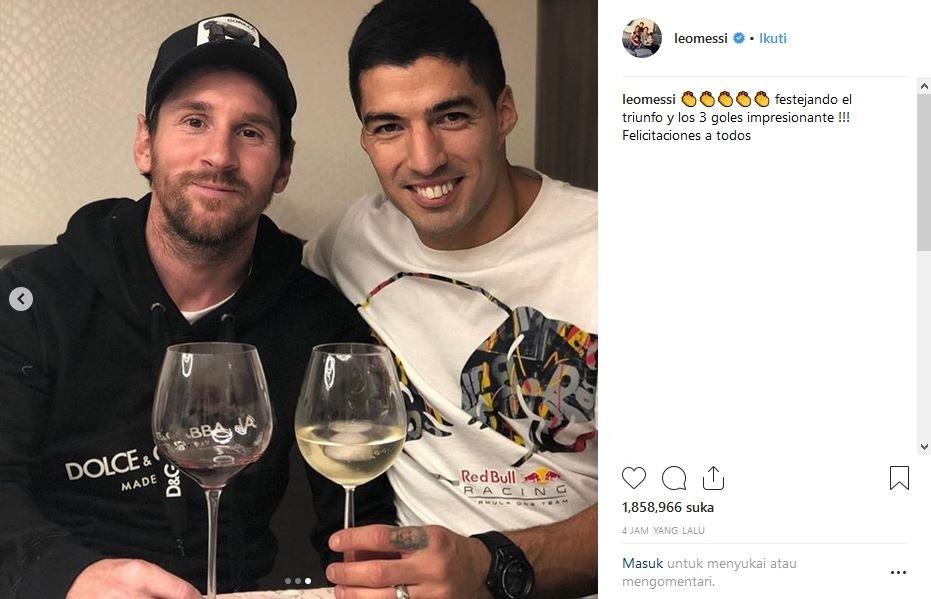 Cara Lionel Messi dan Luis Suarez merayakan kemenangan atas Real Madrid (@leomessi/Instgaram)