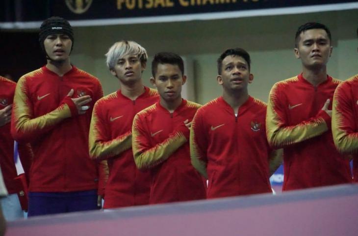 Timnas futsal Indonesia bersiap menghadapi Myanmar di ajang AFF Futsal 2018 yang digelar di GOR UNY, Senin (5/11/2018). [Stephanus Aranditio/www.mxkc.sbs]