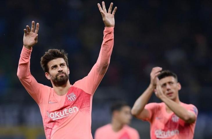 Perayaan kemenangan Barcelona atas Inter Milan, Rabu (7/11/2018). (Marco Bertorello/AFP).