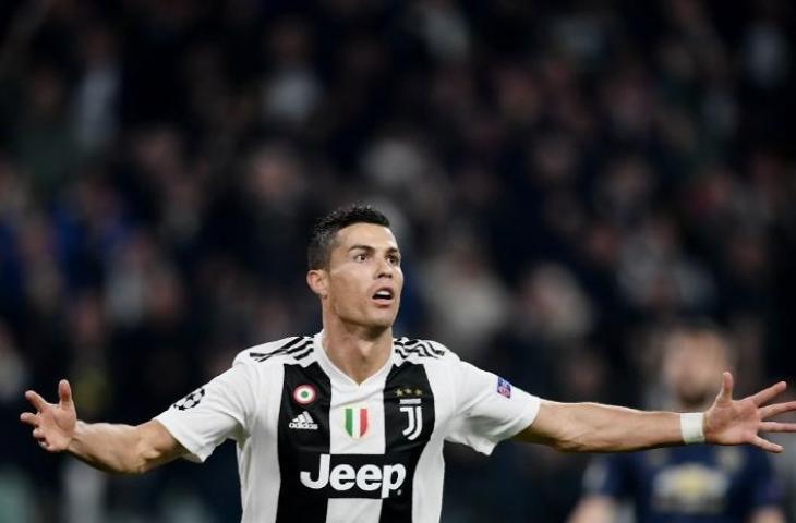 Selebrasi Cristiano Ronaldo saat membobol gawang Manchester United pada 7 November 2018 (Marco Bertorello/AFP) 