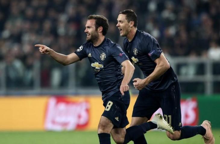 Reaksi Juan Mata setelah mencetak gol ke gawang Juventus pada 7 November 2018 (Isabella Bonotto/AFP)