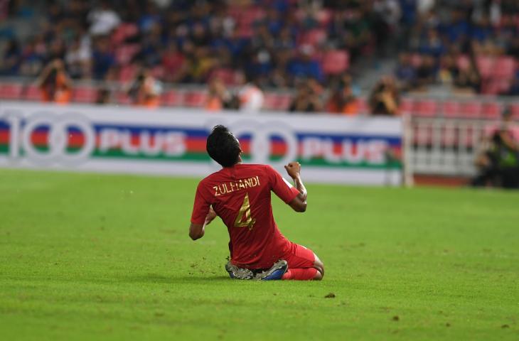 Pemain Timnas Indonesia Zulfiandi melakukan selebrasi usai mencetak gol ke gawang Thailand dalam laga lanjutan Piala AFF 2018 di Stadion Nasional Rajamangala, Bangkok, Thailand, Sabtu (17/11/2018). (ANTARA FOTO/Akbar Nugroho Gumay)