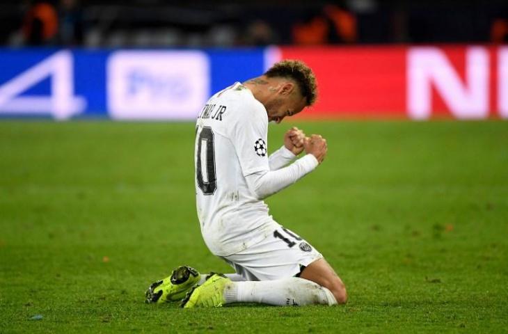 Reaksi Neymar usai menang dari Liverpool di matchday kelima Liga Champions pada 28 November 2018. (Betrand Guay/AFP)