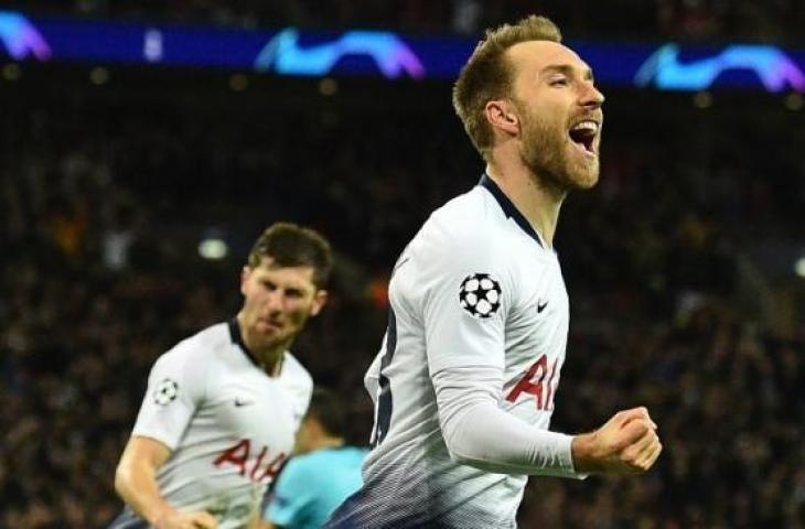 Gelandang serang Tottenham Hotspur, Christian Eriksen merayakan golnya ke gawang Inter Milan pada laga matchday 5 Grup B Liga Champions 2018/2019 di Wembley, Kamis (29/11/2018) dini hari WIB. [Glyn KIRK / AFP]