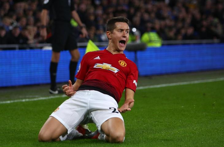 Pemain Manchester United, Ander Herrera merayakan gol ke gawang Cardiff City di Cardiff City Stadium, Sabtu (22/12/2018). (AFP)