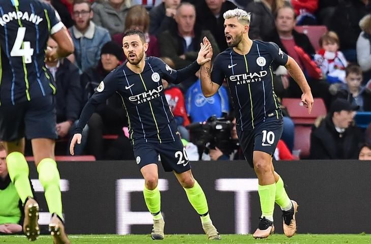 Pemain Manchester City, Sergio Aguero merayakan gol ke gawang Southampton pada pekan ke-20 Liga Primer Inggris di St Mary's Stadium, Southampton (30/12/2018). (AFP)