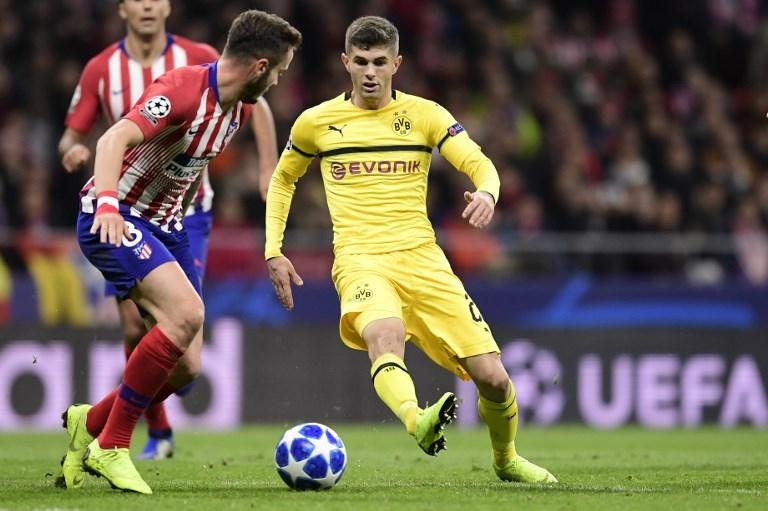 Christian Pulisic saat berhadapan dengan Atletico Madrid di Liga Champions pada 6 November 2018 (Javier Soriano/AFP) 