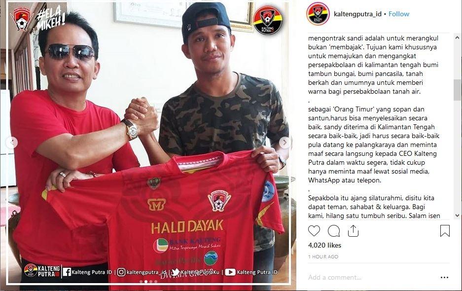 Klarifikasi Kalteng Putra terkait kontrak Sandi Darma Sute (instagram.com/kaltengputra_id)