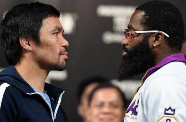 Juara dunia tinju kelas welter WBA asal Filipina, Manny Pacquiao (kiri), saling bertatapan dengan penantangnya, Adrien Broner. Kedua petinju akan bertarung di MGM Grand Garden Arena, Las Vegas, Amerika Serikat, Sabtu (19/1/2019). [AFP/Ethan Miller]