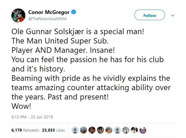 Connor McGregor memuji Ole Gunnar Solskjaer usai Manchester United berhasil kalahkan Arsenal (twitter.com/thenotoriousmma)