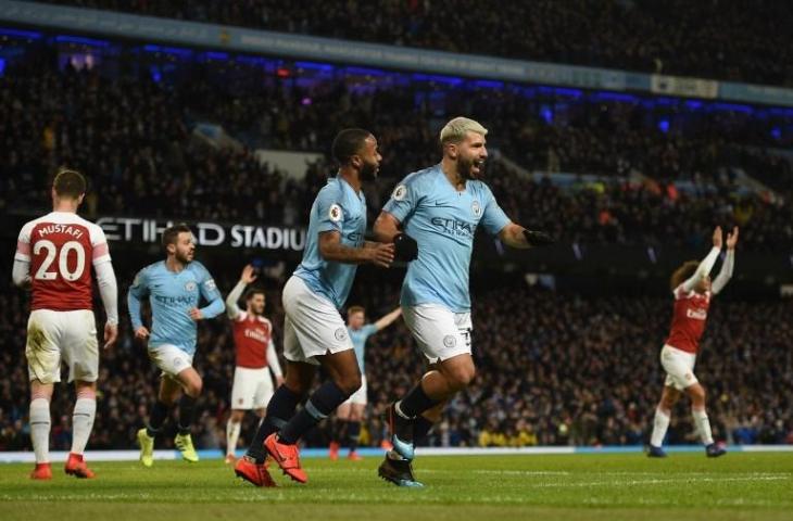 Selebrasi Sergio Aguero saat mencetak gol ke gawang Arsenal pada 3 Februari 2019 (Oli Scarff/AFP) 