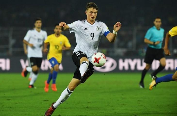 Pemain anyar Bayern Munchen, Jann-Fiete Arp saat berseragam Timnas Jerman di ajang Piala Dunia U-17 tahun lalu di Kalkuta, India. [DIBYANGSHU SARKAR / AFP]