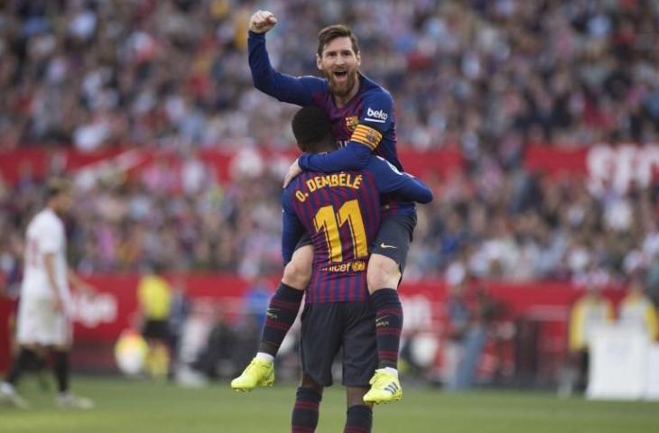 Selebrasi Lionel Messi saat mencetak gol ke gawang Sevilla pada 23 Februari 2019 (Jorge Guerrero/AFP)