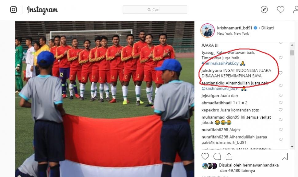 Akun jokdriyono beri komentar menohok di akun Instagram Wakil Ketua Satgas Anti Mafia Bola, Brigjen Pol. Krishna Murti. [@krishnamurti_bd91 / Instagram