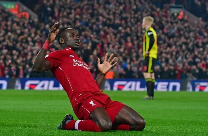 Selebrasi Sadio Mane saat mencetak gol ke gawang Watford pada 27 Februari 2019. (Anthony Devlin/AFP)
