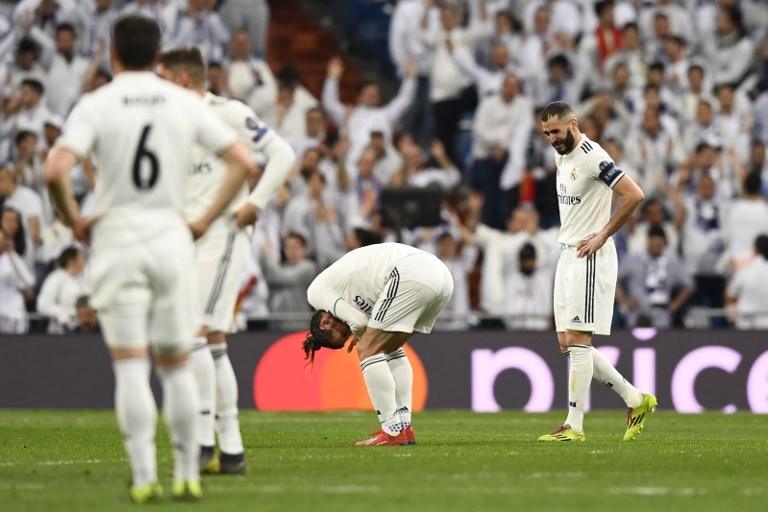 Ekspresi para pemain Real Madrid saat laga melawan Ajax Amsterdam pada 5 Maret 2019 (Gabriel Bouys/AFP)