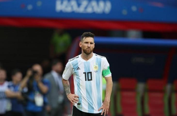 Ekspresi Lionel Messi saat kalah dari Prancis di Piala Dunia 2018 pada 30 Juni 2018 (Roman Kruchinin/AFP)
