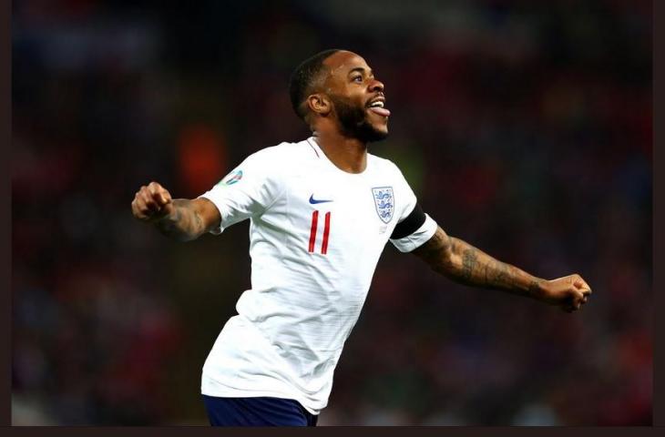 Selebrasi Raheem Sterling saat mencetak gol ke gawang Republik Ceko di kualifikasi Euro 2020 (Twitter.com/@OptaJoe)