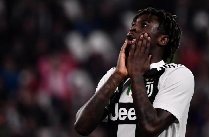 Ekspresi Moise Kean seusai mencetak gol satu-satunya untuk kemenangan Juventus atas Empoli, di lanjutan laga Serie A. [MARCO BERTORELLO / AFP]