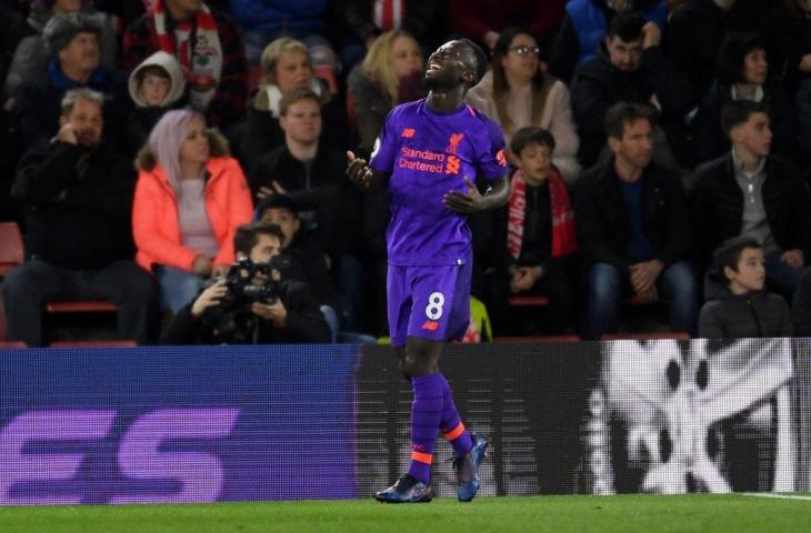 Selebrasi Naby Keita usai mencetak gol ke gawang Southampton. (Twitter/@LFC).