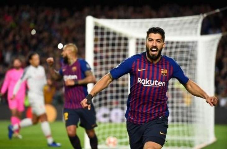 Selebrasi Luis Suarez usai mencetak gol ke gawang Liverpool dalam leg pertama semifinal Liga Champions di Camp Nou, Kamis (2/5/2019) dini hari WIB. (JOSEP LAGO / AFP)