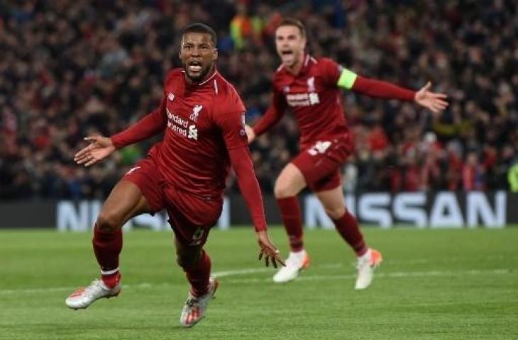 Selebrasi Georginio Wijnaldum usai borong dua gol dalam kemenangan Liverpool atas Barcelona dengan skor 4-0. (PAUL ELLIS / AFP)