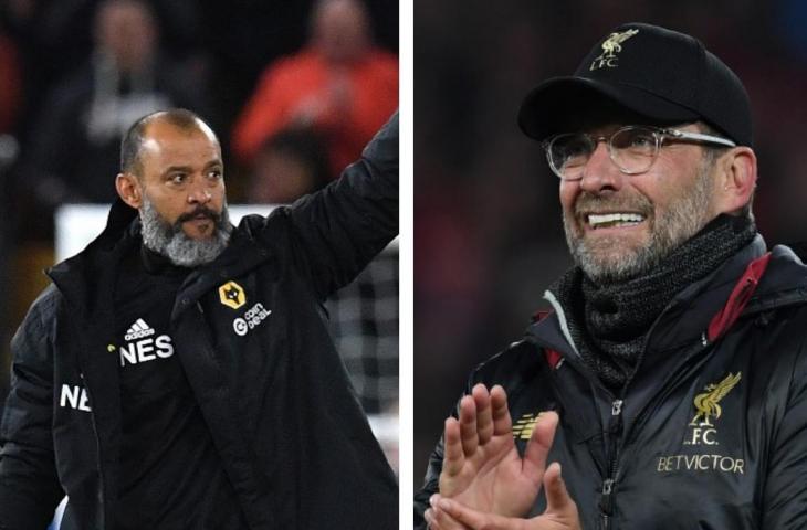 Pelatih Wolverhampton, Nuno Espirito Santo dan pelatih Liverpool, Jurgen Klopp. (PAUL ELLIS / AFP)