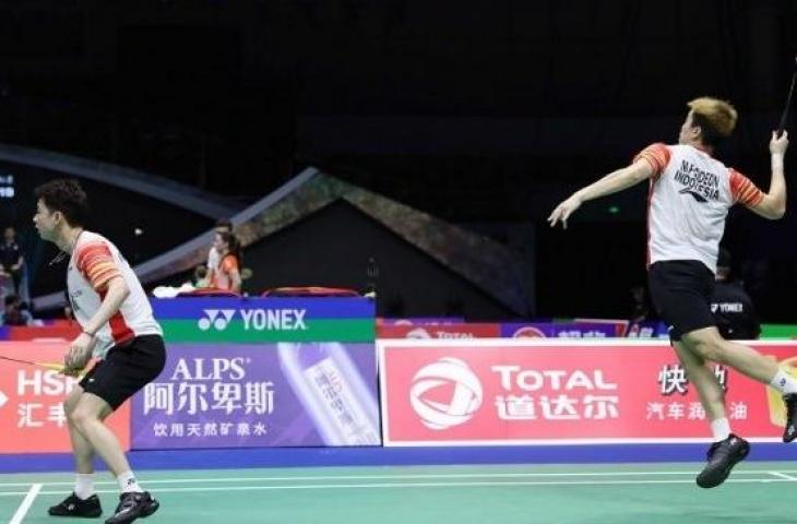 Pasangan ganda putra terbaik dunia asal Indonesia, Kevin sanjaya Sukamuljo/Marcus Fernaldi Gideon tampil di laga babak penyisihan Grup 1B Piala Sudirman 2019 kontra wakil Inggris, Marcus Ellis/Chris Langridge di Guangxi Sports Center, Nanning, China, Minggu (19/5/2019) pagi WIB. [Dok. PBSI]