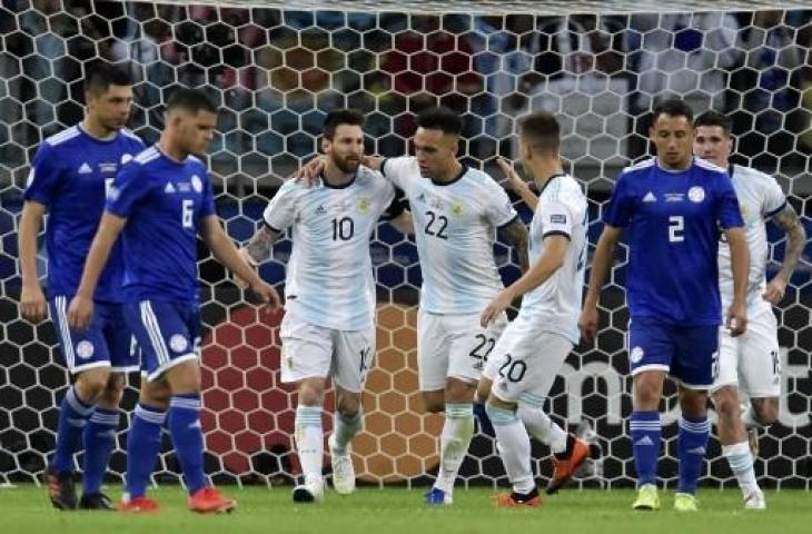 Ekspresi Lionel Messi usai mencetak gol untuk Argentina ke gawang Paraguay di Copa America 2019. (DOUGLAS MAGNO / AFP)