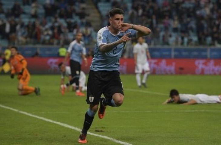 Gol Jose Maria Gimenez selamatkan Uruguay dari kekalahan atas Jepang di Copa America 2019. (CARL DE SOUZA / AFP)