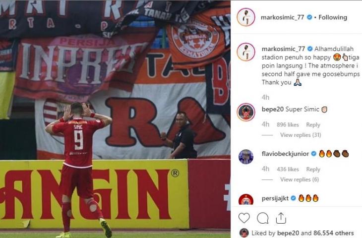 Unggahan Marko Simic usai bawa kemenangan untuk Persija Jakarta atas Tira-Persikabo di laga pekan ke-26 Liga 1 2019 kemarin. [@markosimic_77 / Instagram]