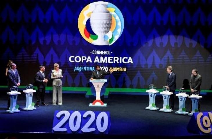 Undian Copa America 2020 di Cartagena, Kolombia, Rabu (3/12/2019) waktu setempat. (JUAN BARRETO / AFP)