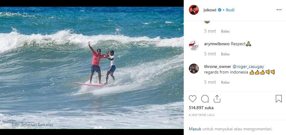 Jokowi puji peselancar Filipina, Roger Casugay yang menolong atlet Indonesia, Arip Hidayat yang tergulung ombak besar pada pertandingan cabang olahraga selancar nomor longboard putra SEA Games 2019 di Pantai Monaliza, La Union, Subic, Filipina. (Instagram/jokowi)