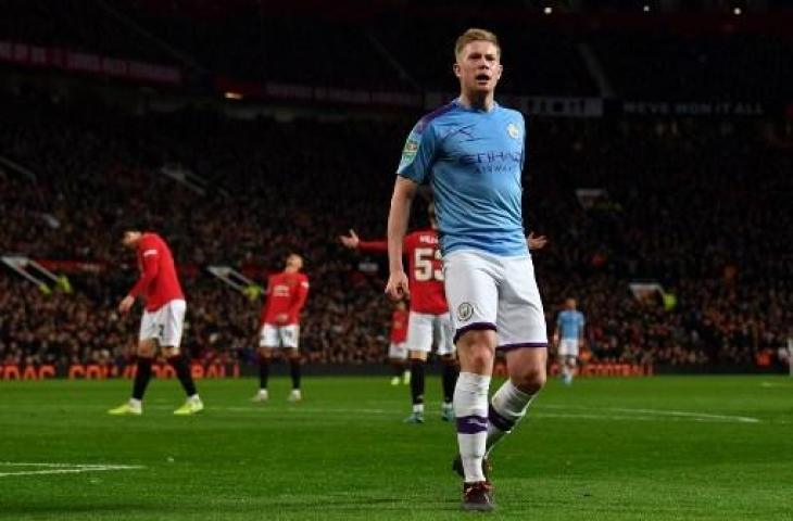 Selebrasi Kevin De Bruyne usai menjebol gawang Manchester United. (Paul Ellis/AFP).