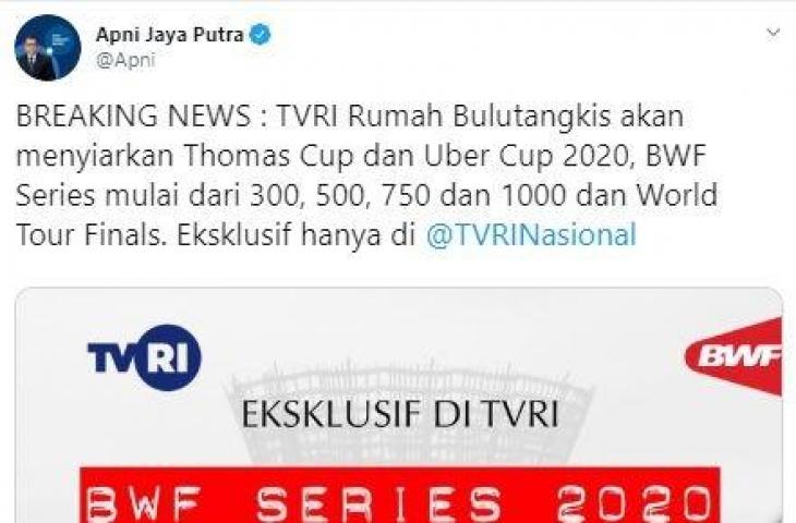 Apni melalui cuitannya menyebut TVRI akan menyiarkan pertandingan bulu tangkis. (Twitter/@apni).