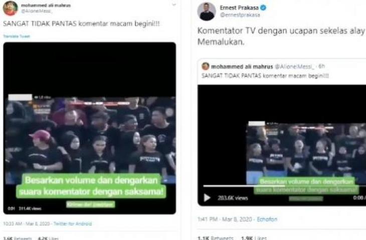 Kritik terhadap ucapan bernada seksisme komentator sepak bola (Twitter @AlionelMessi_ dan @ernestprakasa).