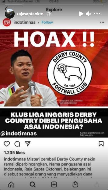 Raja Sapta Oktohari membantah jadi sosok di balik pembelian Derby County. (Instagram/rajasaptaokto)