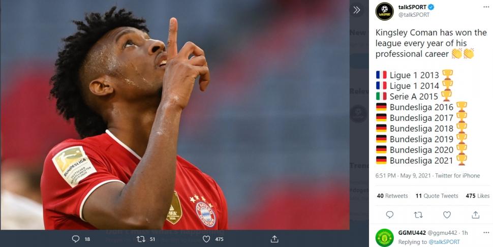 Kingsley Coman selalu menang liga domestik. (Twitter/@talkSPORT)