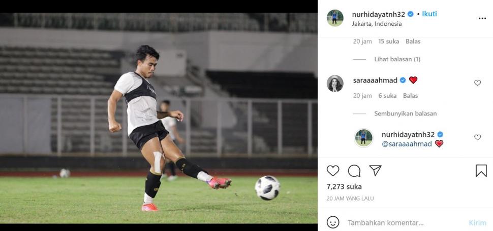 Nurhidayat Haji Haris dapat pesan cinta dari Sarah Ahmad usai kembali memperkuat Timnas Indonesia. (Instagram/nurhidayatnh32)