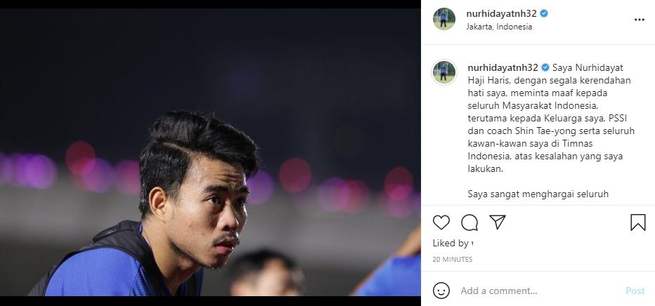 Nurhidayat akui kesalahannya yang dicoret Timnas Indoensia. (Instagram/nurhidayatnh32)